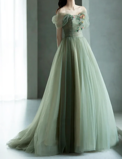 A-Line Green Tulle Long Prom Dresses, Green Formal Evening Dresses ED0731