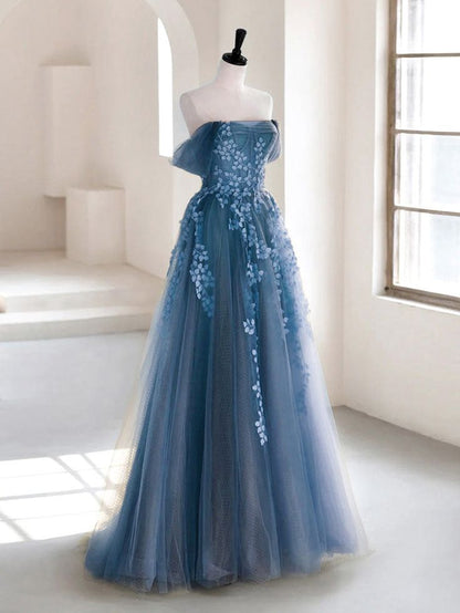 Olive Green A-Line  Off Shoulder Tulle Lace Long Prom Dress, Green Tulle Formal Dress ED0882