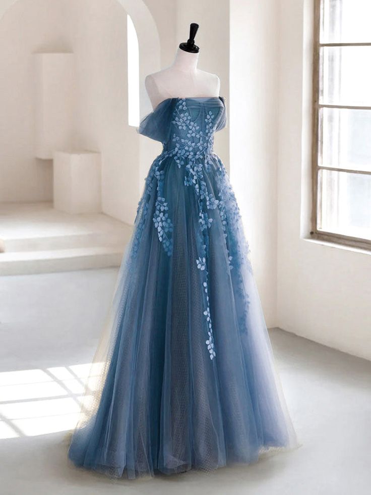 Olive Green A-Line  Off Shoulder Tulle Lace Long Prom Dress, Green Tulle Formal Dress ED0882