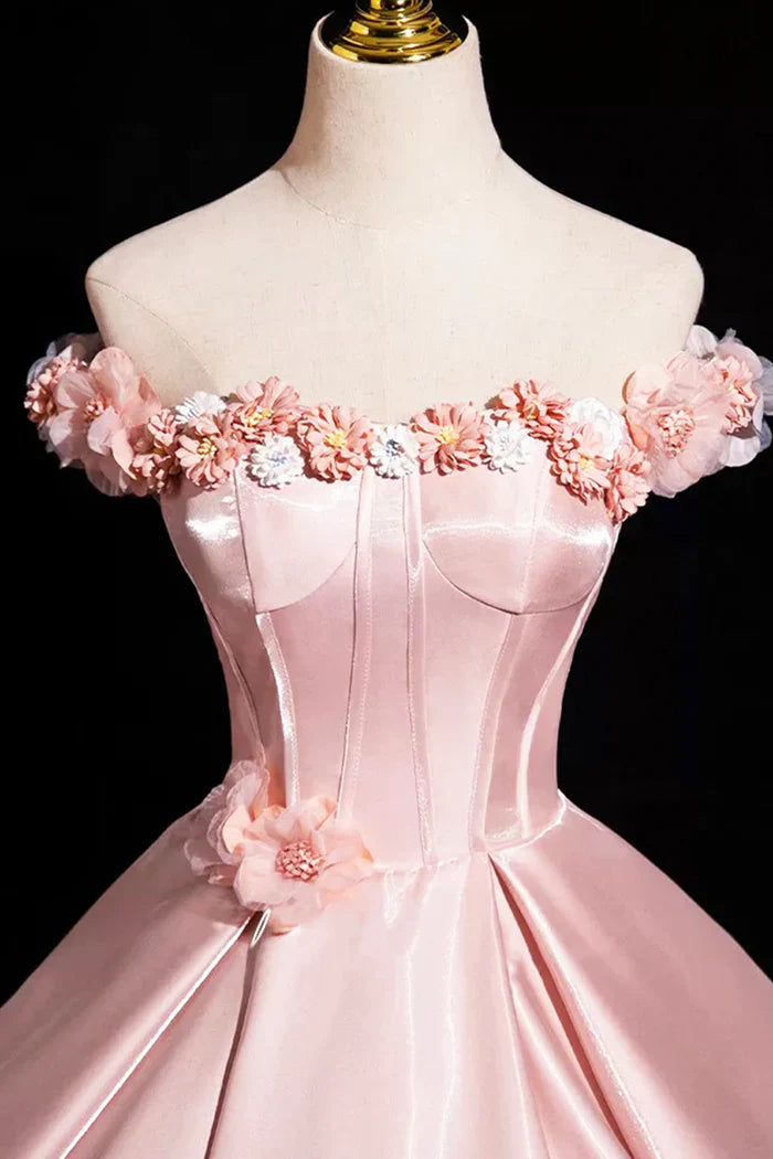Pink A-Line Off Shoulder Satin Long Prom Dress, Beautiful A-Line Off the Shoulder Party Dress ED0994