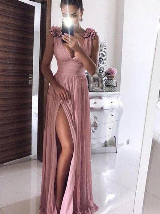 A-Line/Princess Chiffon V-neck Hand-Made Flower Sleeveless Floor-Length Dresses - RongMoon