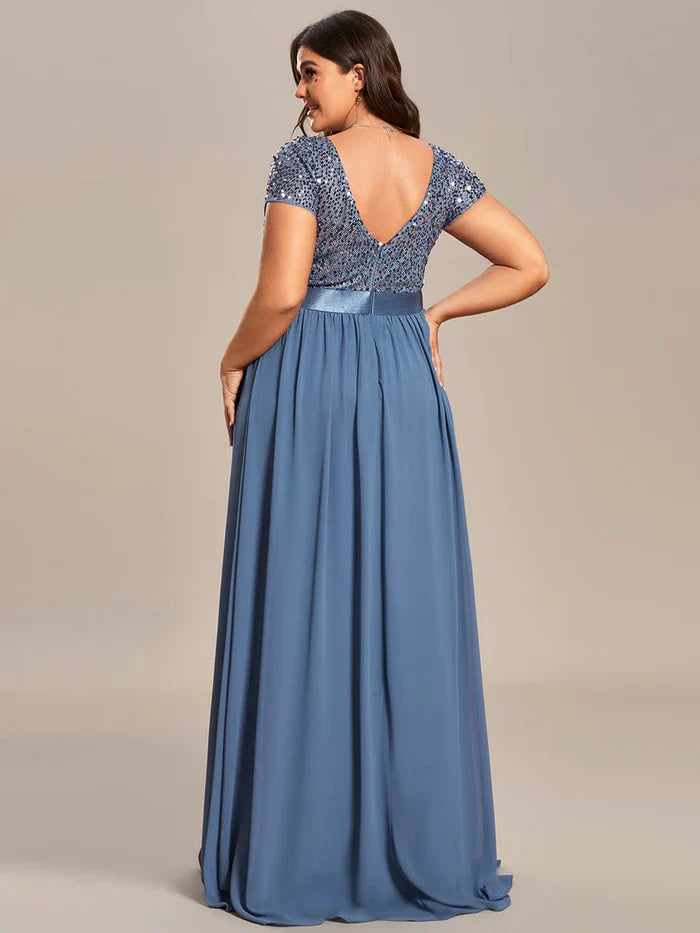 Aimishang Plus Size V-Neck Cap Sleeve Sequins Chiffon Maxi Evening Dress