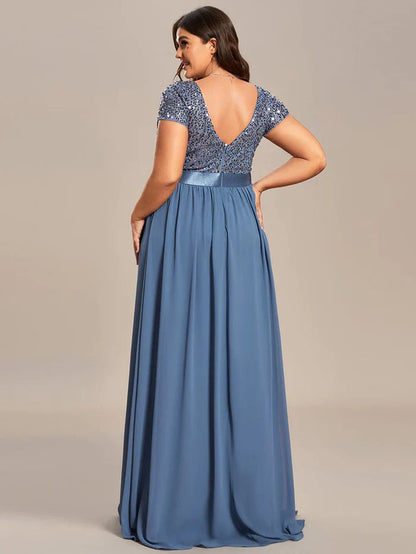 Aimishang Plus Size V-Neck Cap Sleeve Sequins Chiffon Maxi Evening Dress