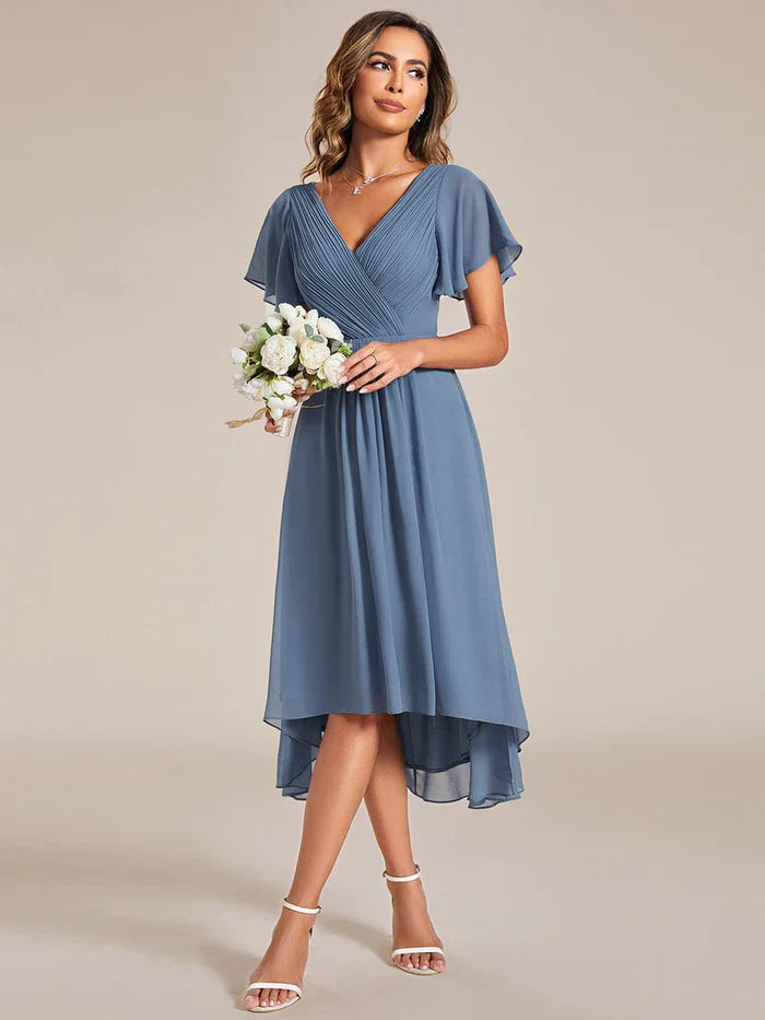 Aimishang Chic V Neck High-Low Wedding Guest Dress Elegant Bridesmaid Dresses