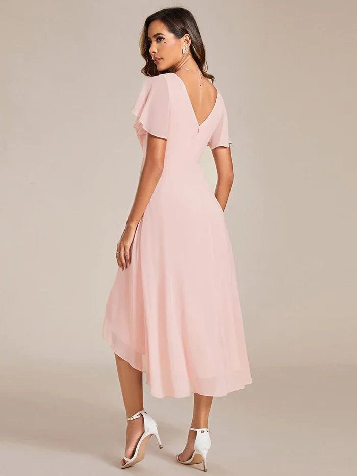 Aimishang Chic V Neck High-Low Wedding Guest Dress Elegant Bridesmaid Dresses