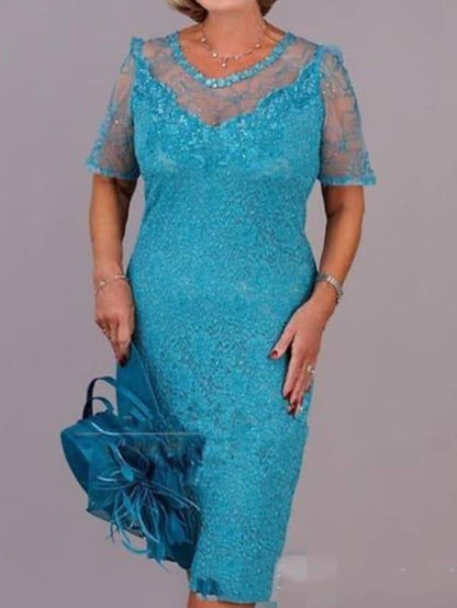 Sheath / Column Mother of the Bride Dress Vintage Illusion Neck Knee Length Lace Short Sleeve with Lace - RongMoon
