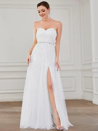 Aimishang Lace Corset Back Sweetheart Sleeveless Side Slit Wedding Dress