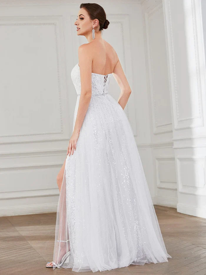 Aimishang Lace Corset Back Sweetheart Sleeveless Side Slit Wedding Dress