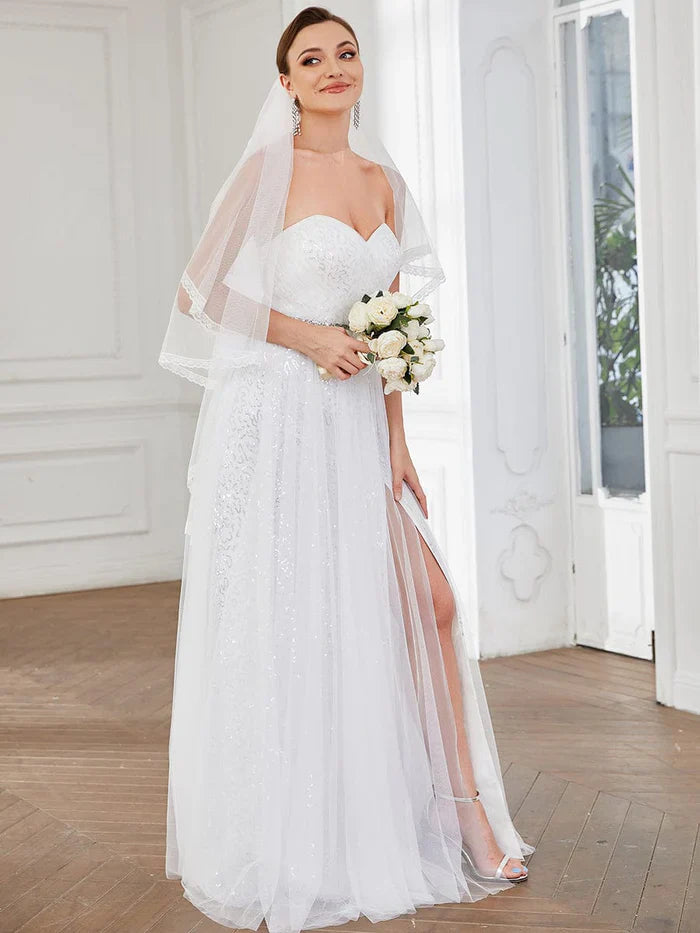 Aimishang Lace Corset Back Sweetheart Sleeveless Side Slit Wedding Dress