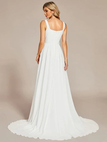 Aimishang Minimalist Lace Applique Square Neckline Train Wedding Dress
