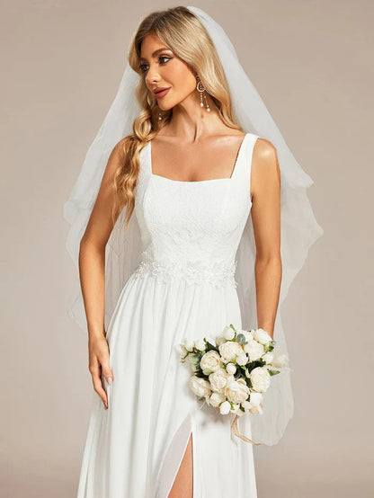 Aimishang Minimalist Lace Applique Square Neckline Train Wedding Dress