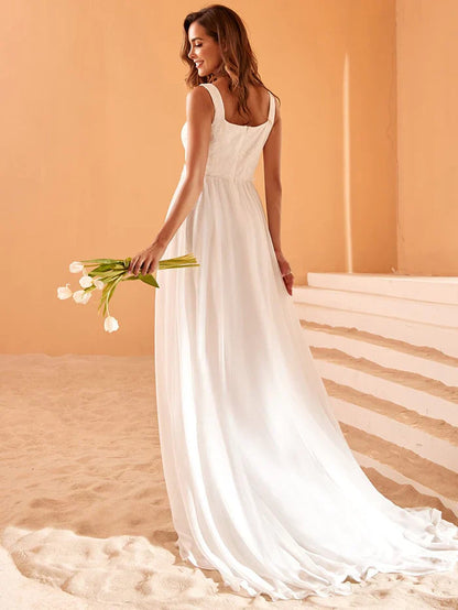 Aimishang Minimalist Lace Applique Square Neckline Train Wedding Dress