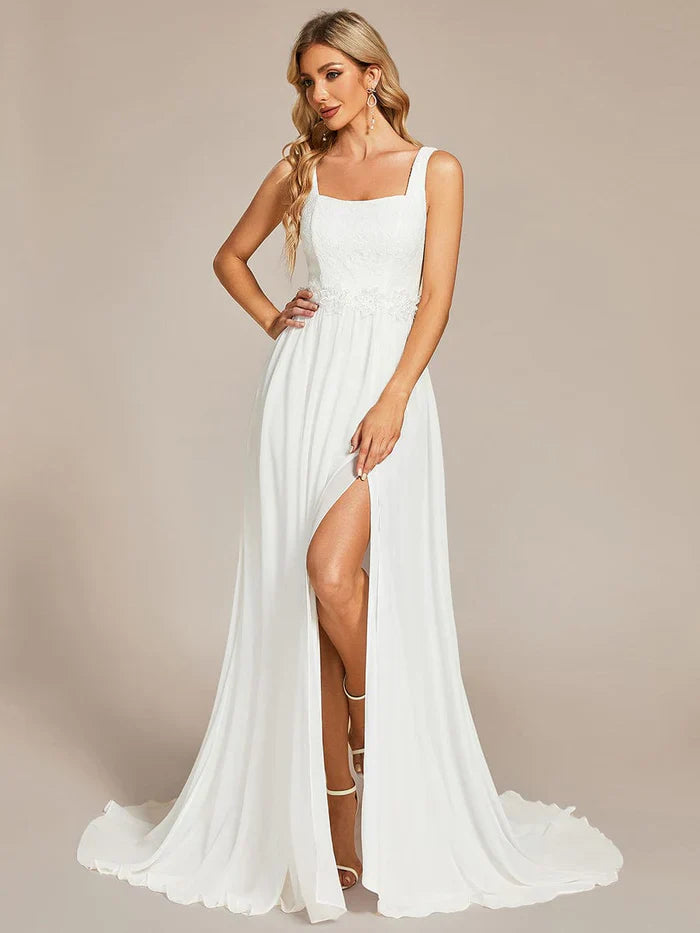 Aimishang Minimalist Lace Applique Square Neckline Train Wedding Dress
