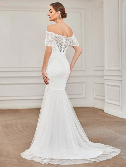 Aimishang Off the Shoulder Bodycon Fishtail Vintage Embroidered Floral Lace Wedding Dress