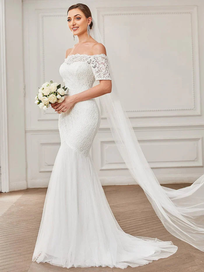 Aimishang Off the Shoulder Bodycon Fishtail Vintage Embroidered Floral Lace Wedding Dress
