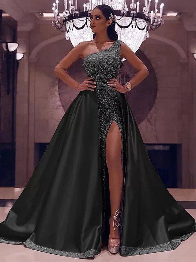 Ball Gown Sparkle Elegant Party Wear Prom Valentine's Day Dress One Shoulder Sleeveless Floor Length Satin with Bow(s) Sequin Split - RongMoon