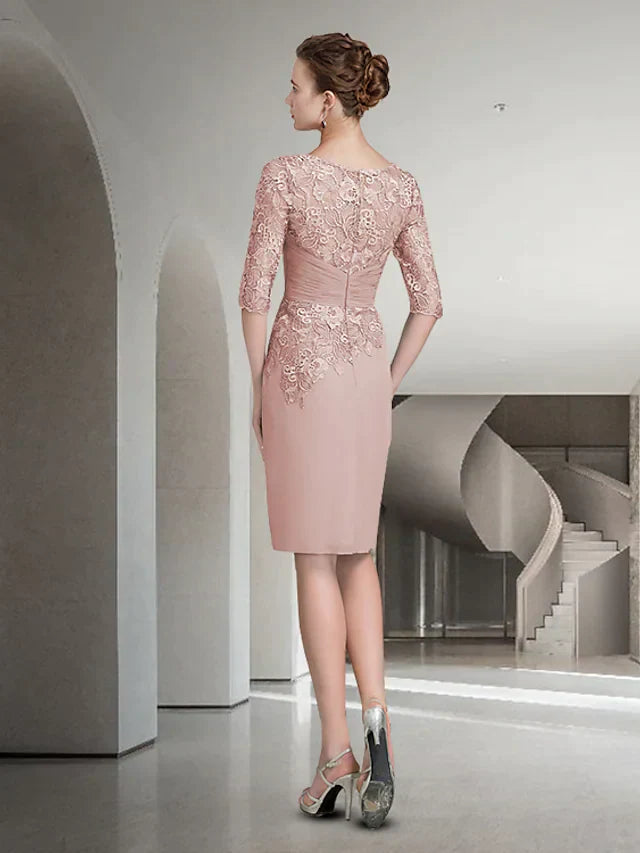 Mother of the Bride Dress Elegant Jewel Neck Knee Length Chiffon Lace Half Sleeve with Ruched Appliques