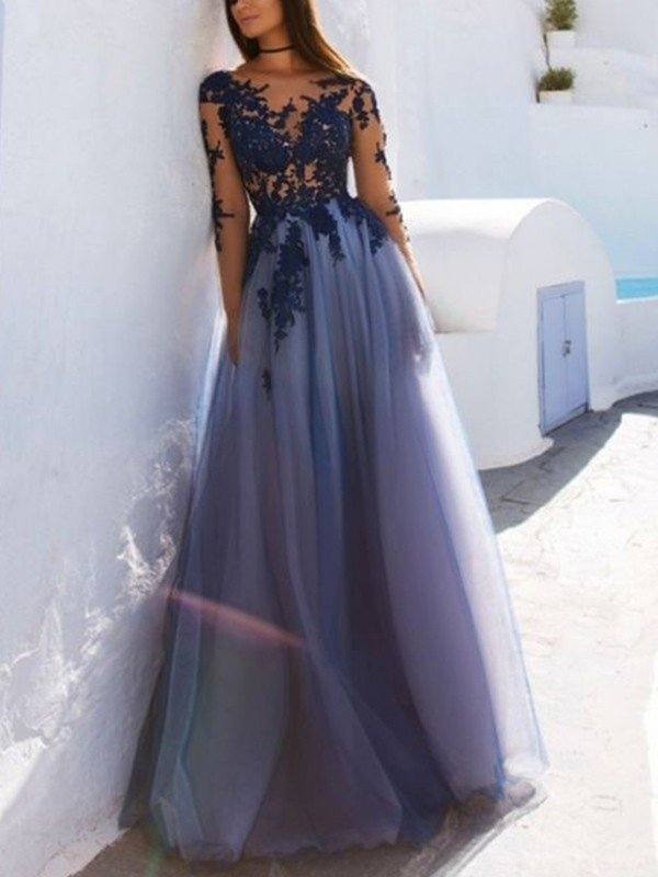 A-Line Scoop Long Sleeves Floor-Length With Applique Tulle Dresses - RongMoon