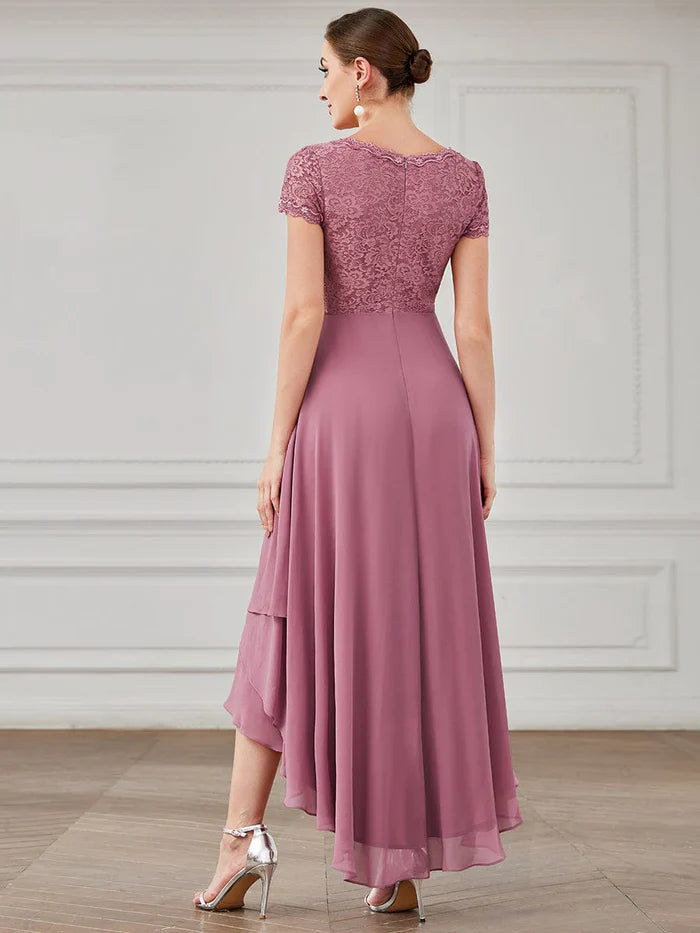 Aimishang Brief Sleeve Vintage Ribbons Short Sleeve Higher Low Mother of the Bride Gown