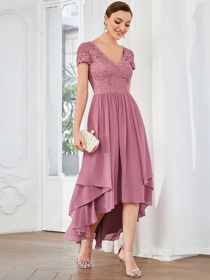 Aimishang Brief Sleeve Vintage Ribbons Short Sleeve Higher Low Mother of the Bride Gown