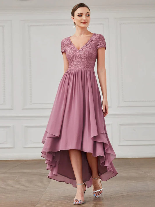 Aimishang Brief Sleeve Vintage Ribbons Short Sleeve Higher Low Mother of the Bride Gown