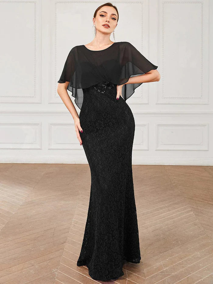 Aimishang Elegant Capelet Lace Fit and Flare Mother of the Bride Dress