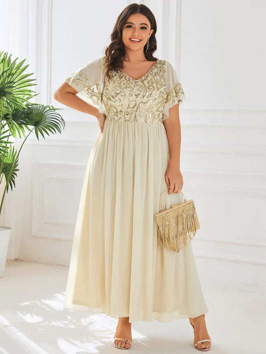 Aimishang Plus Size V-Neck Short Sleeve Sequin Bodice Mother of the Bride Dress