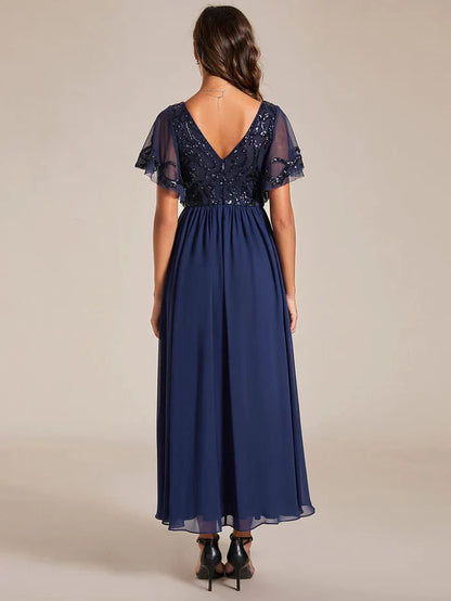 Aimishang Short Sleeve V-Neck Sequin Chiffon A-Line Mother of the Bride Dress