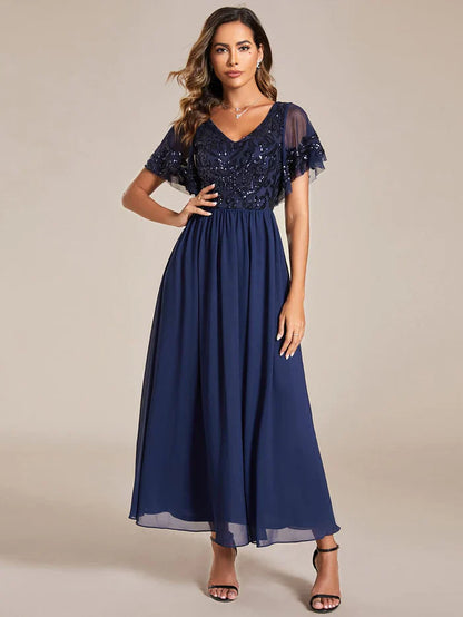Aimishang Short Sleeve V-Neck Sequin Chiffon A-Line Mother of the Bride Dress