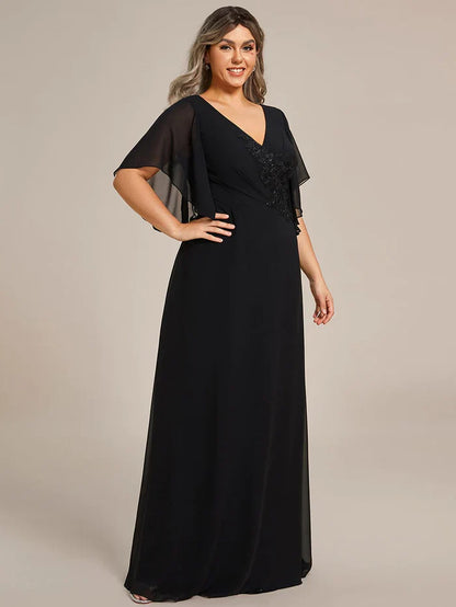 Aimishang Graceful Plus Size A-line Ruffles Sleeve Chiffon Mother of the Bride Dress with Applique