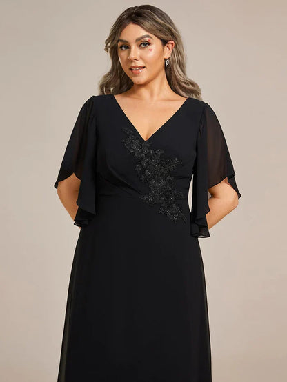 Aimishang Graceful Plus Size A-line Ruffles Sleeve Chiffon Mother of the Bride Dress with Applique