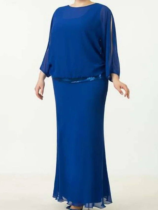Sheath / Column Mother of the Bride Dress Elegant Jewel Neck Floor Length Chiffon Sequined 3/4 Length Sleeve with Ruffles - RongMoon