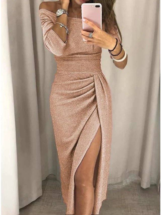 Sheath / Column Sparkle Sexy Party Wear Prom Dress Off Shoulder Half Sleeve Ankle Length Jersey with Ruched Split - RongMoon