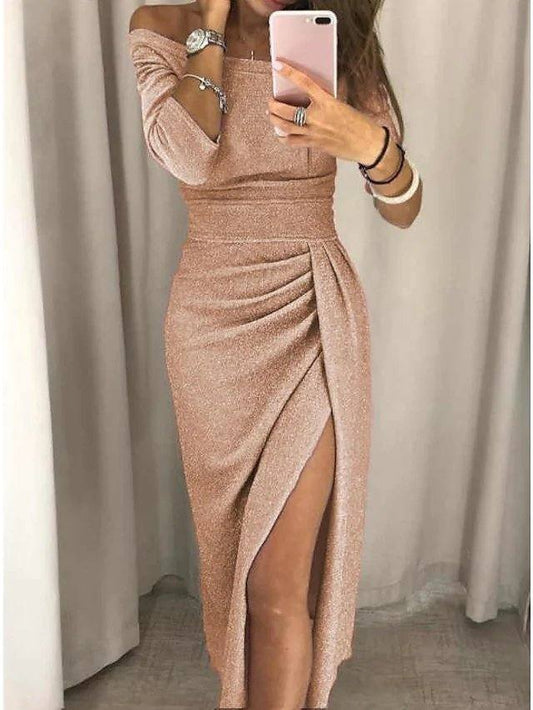 Sheath / Column Sparkle Sexy Party Wear Prom Dress Off Shoulder Half Sleeve Ankle Length Jersey with Ruched Split - RongMoon