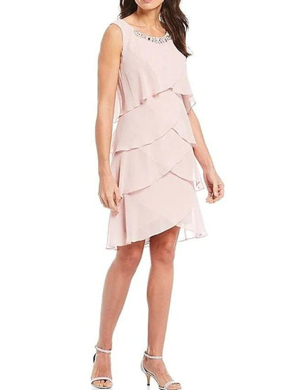 A-Line Mother of the Bride Dress Elegant Jewel Neck Knee Length Chiffon Half Sleeve with Cascading Ruffles - RongMoon