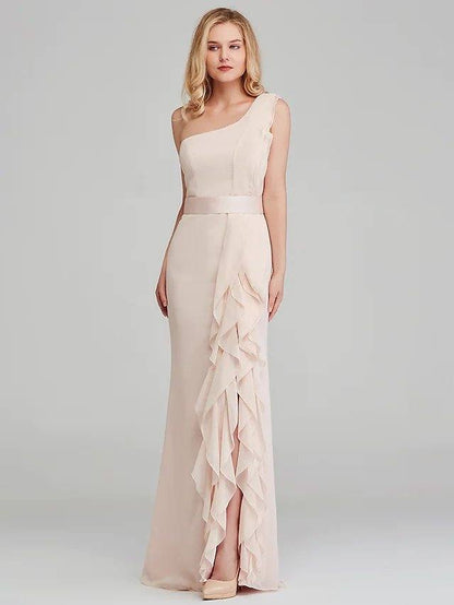 Sheath / Column One Shoulder Long Length Chiffon Bridesmaid Dress with Cascading Ruffles - RongMoon