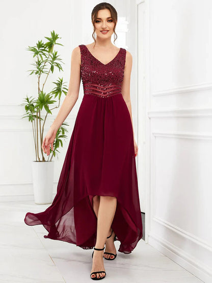 Aimishang Sexy High-Low Maxi Chiffon Evening Dresses with Sequin