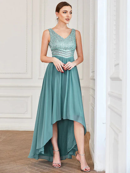 Aimishang Sexy High-Low Maxi Chiffon Evening Dresses with Sequin