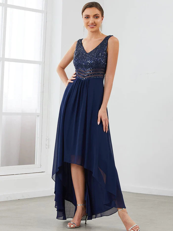 Aimishang Sexy High-Low Maxi Chiffon Evening Dresses with Sequin