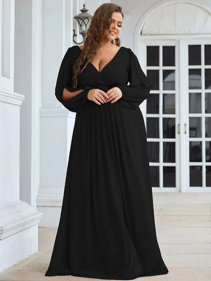Aimishang Stylish Chiffon Plus Size Evening Dresses with Long Lantern Sleeves