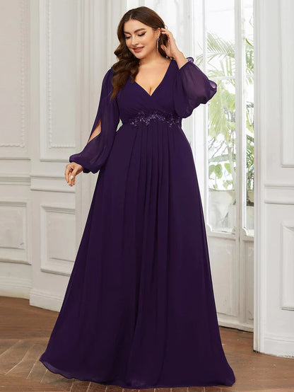 Aimishang Stylish Chiffon Plus Size Evening Dresses with Long Lantern Sleeves