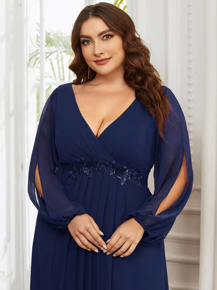 Aimishang Stylish Chiffon Plus Size Evening Dresses with Long Lantern Sleeves