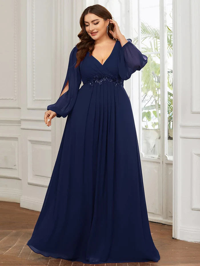 Aimishang Stylish Chiffon Plus Size Evening Dresses with Long Lantern Sleeves