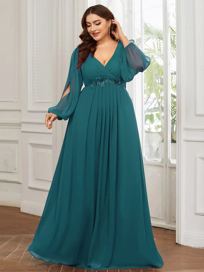 Aimishang Stylish Chiffon Plus Size Evening Dresses with Long Lantern Sleeves