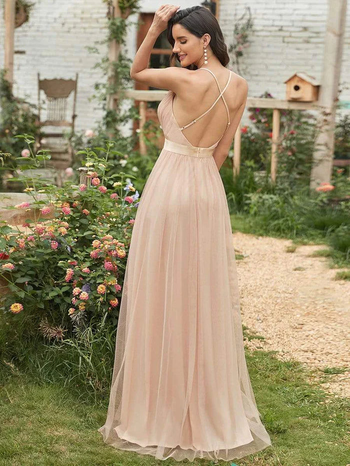 Aimishang Sexy Deep V-neck Backless Tulle Maxi Evening Dresses