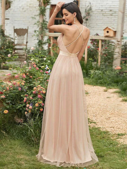 Aimishang Sexy Deep V-neck Backless Tulle Maxi Evening Dresses