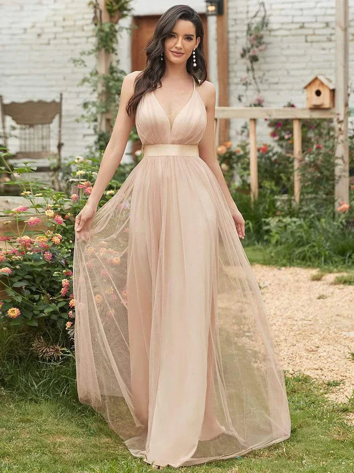 Aimishang Sexy Deep V-neck Backless Tulle Maxi Evening Dresses