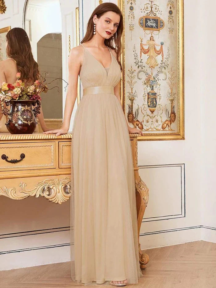 Aimishang Sexy Deep V-neck Backless Tulle Maxi Evening Dresses