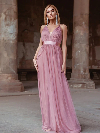 Aimishang Sexy Deep V-neck Backless Tulle Maxi Evening Dresses