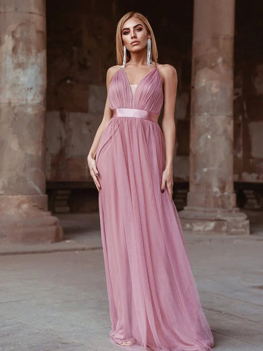 Aimishang Sexy Deep V-neck Backless Tulle Maxi Evening Dresses